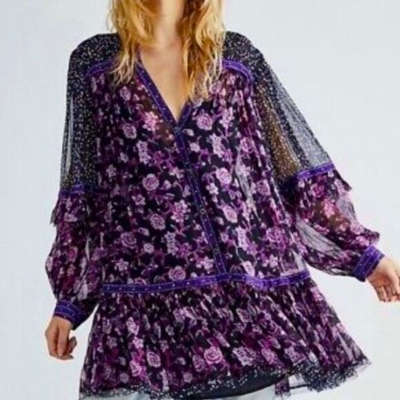 Free People Mini Dress Rosebuds Button Front Flowy Silhouette Oversized SZ XS-M - Picture 3 of 15